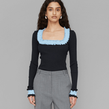 OpéraSPORT, ROSIE SEAMLESS TOP, Black with blue ruffels